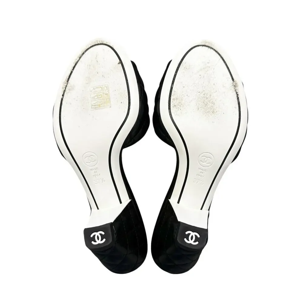 Chanel Lambskin Quilted Textured CC Cone Heel Mule Sandals Black EU 37.5
